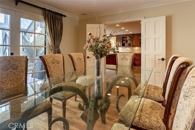 View from dining area to entrance to kitchen