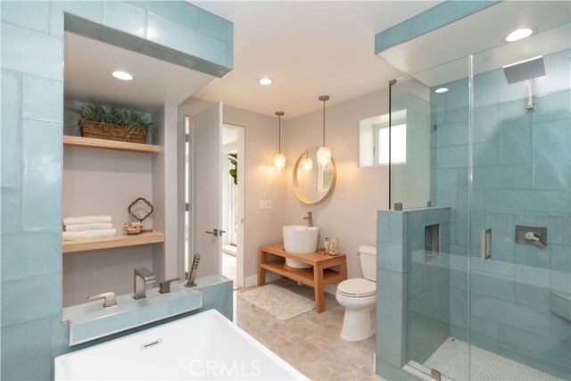 Walk In Shower with Waterfall Shower Head and Soaking Tub