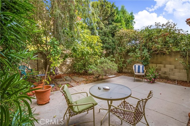 Lushly landscaped patio.