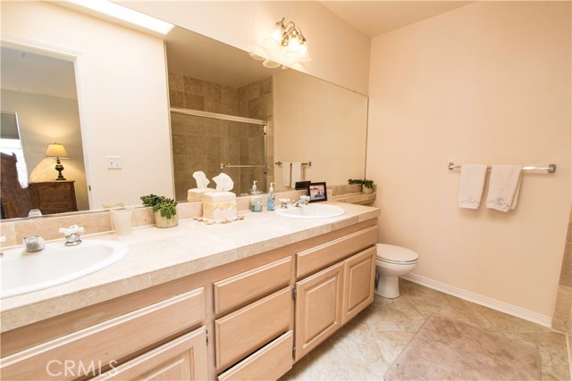 master bathroom has double sinks and upgraded shower with lots of natural light