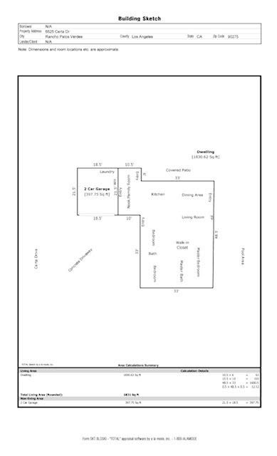 Recent Appraiser Sketch of home - showing a Tape measure of 1,830.62 living sq. ft. as opposed to 1,794 reported by REALIST.  Buyers and Agents to verify validity with the City.