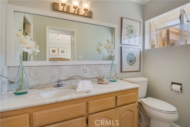 Master bath with garden window and new light fixture