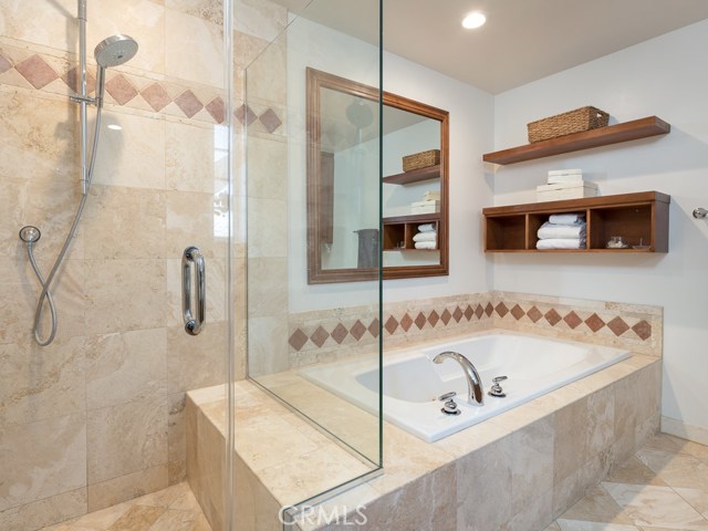 Master shower with dual shower heads and soaker tub