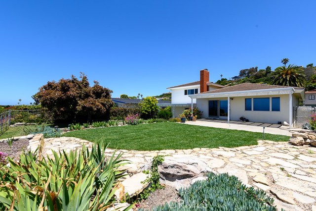 Covered patio, mostly flat backyard.