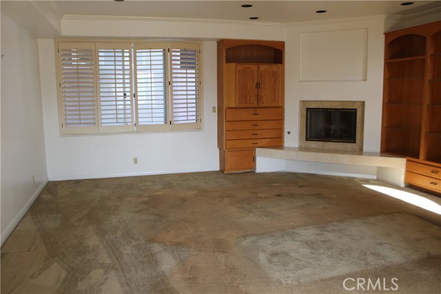 Large living area with fireplace and custom built ins