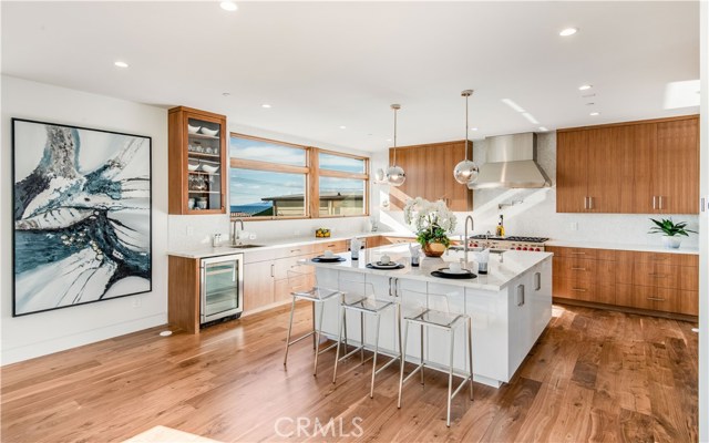 Kitchen with island facing north.