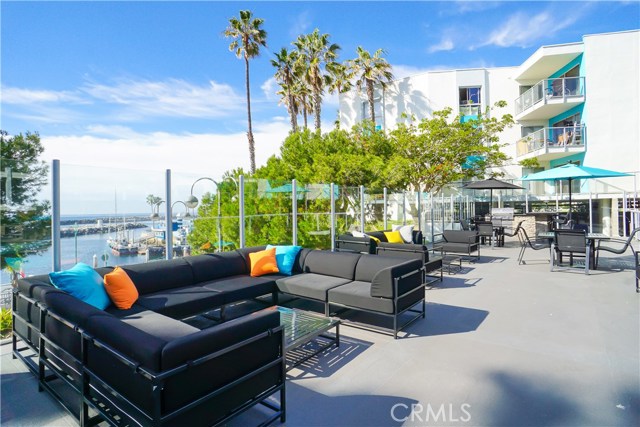 Poolside grill areas with harbor view.