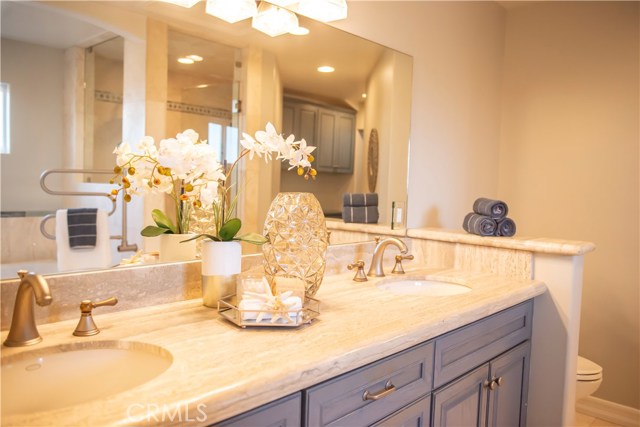 Master bathroom with dual vanities, steam shower, soaking tub, heated towel racks and step in shower.