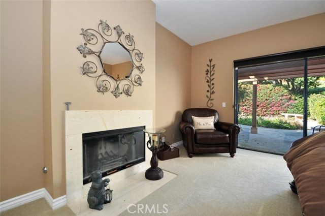 Master bedroom fireplace and view of the backyard