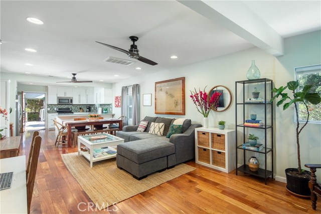 Living room, dining area and kitchen.