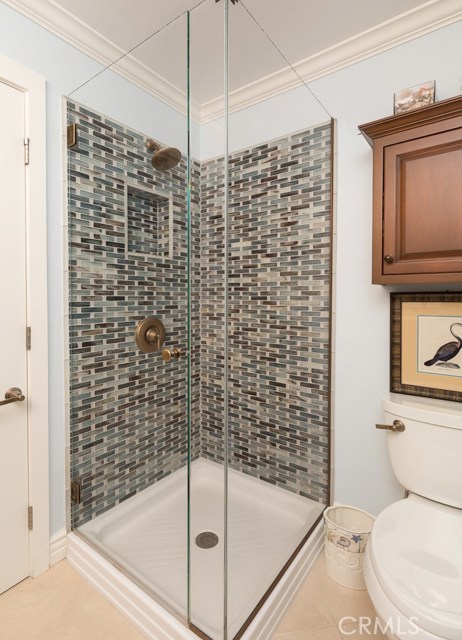 Gorgeous seaglass tile work in shower in remodeled hall bath.