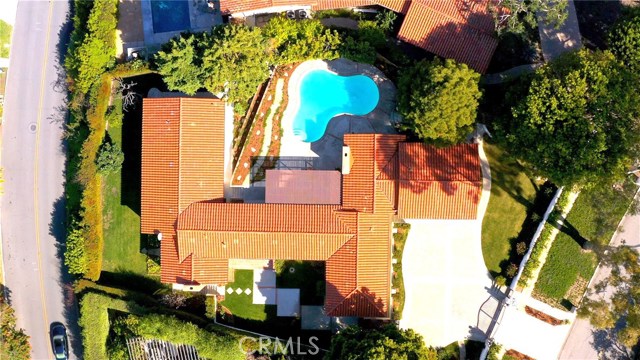 Aerial view shows great lot use allowing plenty of room for entertaining, pool parties and grassy play areas