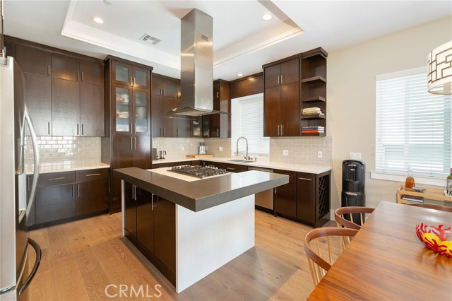 Stunning kitchen with abundant custom ceiling height cabinetry, quartz counter tops and designer fixtures