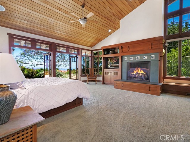 Dramatic Master Suite with its own fireplace, comfortable hearth and window seat and also open to beautiful views.