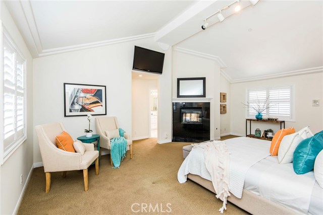 Master bedroom retreat, with soaring, vaulted ceilings and fireplace.  Filled with light from large windows on both sides of bedroom, and skylight from master bathroom.