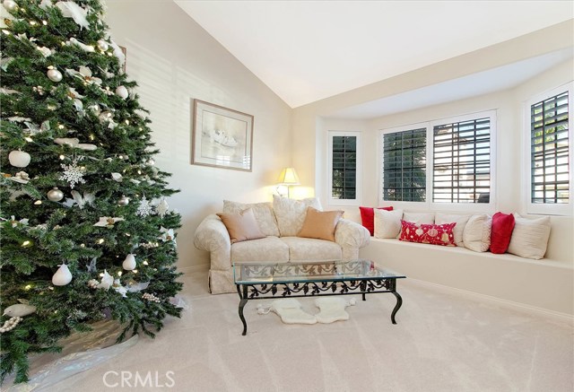 Formal living room with vaulted ceiling.