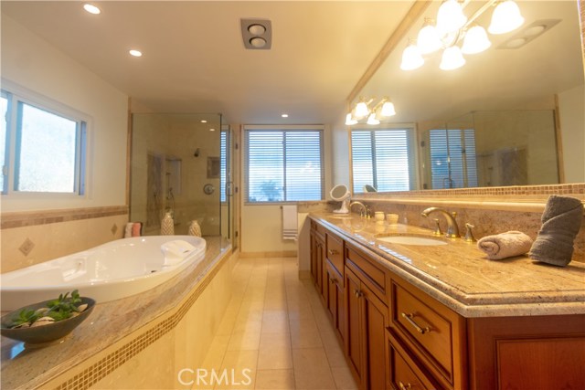 Master Bath double sink and an ocean view from the window.