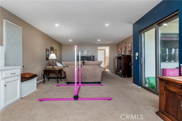 Family room downstairs opens to view, large patio and flat backyard