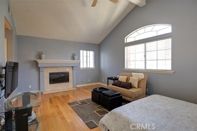 Master bedroom suite with fireplace, vaulted ceiling, ceiling fan and arched window light
