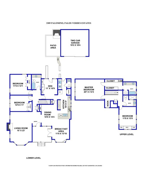 Well-thought-out floor plan with lower level at left, upper at right, and garage with adjacent outdoor entertainment room at top