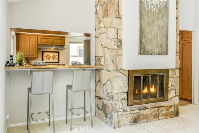 Family room off kitchen with fireplace and sliding glass doors opening to the beautiful yard and patio