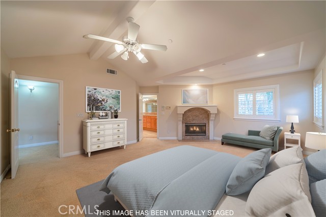 Spacious Primary Retreat featuring Fireplace, plantation shutters and ceiling fan