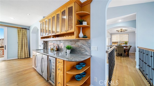 Wet bar in family room.  Dining room in the background to the right.