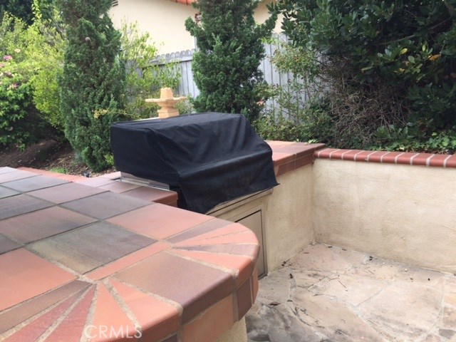 Built in BBQ and counter space on the Flagstone deck in yard