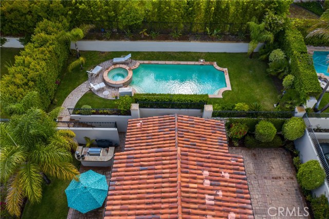 Beautiful raised pool and spa area with lush greenery!