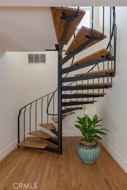 Spiral staircase upgraded with real hardwood steps. Leads to 4th bedroom.