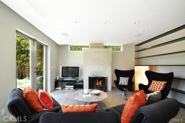 Living area that is part of the great room on the lower level... fireplace number one of three... note the french doors leading to the pool... Closed for winter but a different look in the summer...