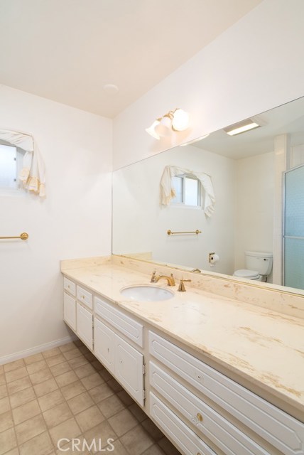 The shower area of the master bathroom has a large counter area for the 2nd sink.