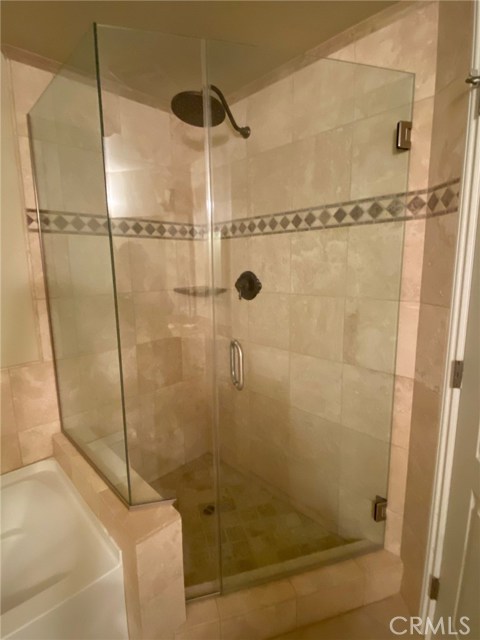 Master Bathroom Glass enclosed Shower adjacent to Bathtub.