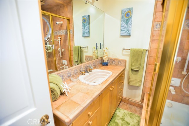 Master bath sink and counter area. We could have wiggled two sinks into the remodel but our grandson was just born and grandma had to have a sink big enough to bath him in.