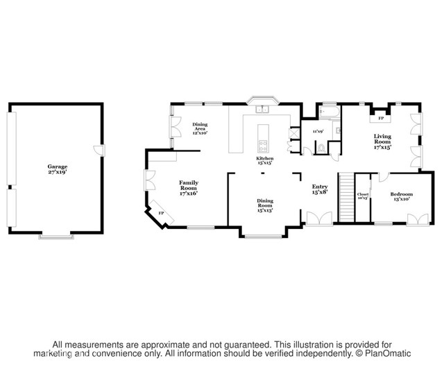1st level floor plan with detached three car garage on alley