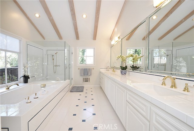 Master Bathroom with Wood-Beamed Ceiling