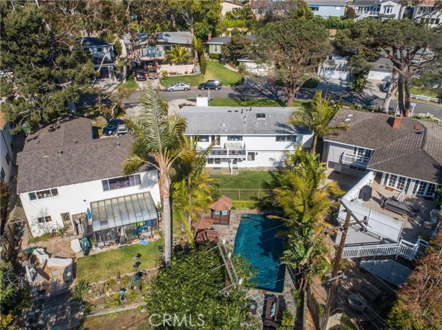 overhead shot of the house and backyard - pool