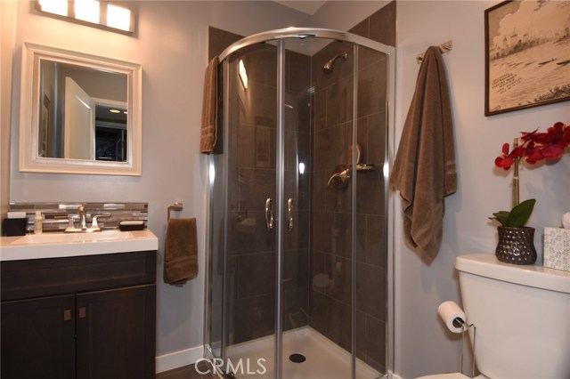 New Bathroom #3 has pretty European curved shower!