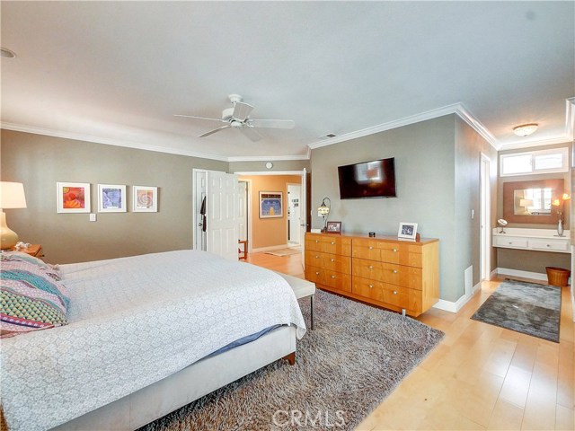 The master bedroom has a built in vanity area.