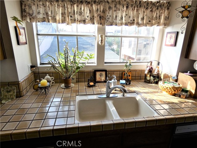 Large Double sinks with trash compactor overlooking a large open double bay window