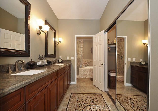 Master bath view of vanity, access to walk-in closet and access to tub, shower and commode