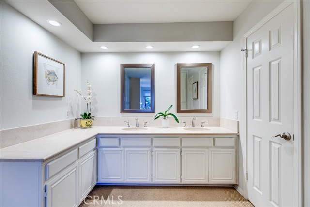 The master bath includes double sinks, vanity area, walk in shower and soaking tub.