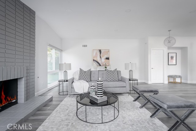 Side view of the living room and fireplace