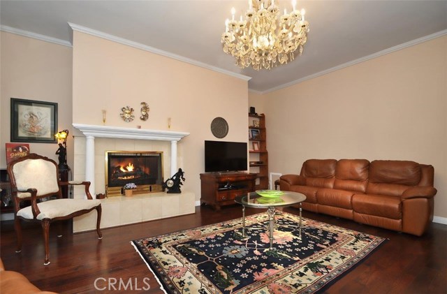 The Living and Dining areas have high ceilings with crown moldings. Fireplace has been upgraded with a custom wood mantel and tiled hearth.