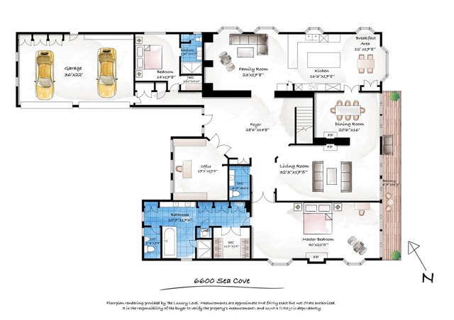 Floor plan of upper level of home, including the 4 car garage