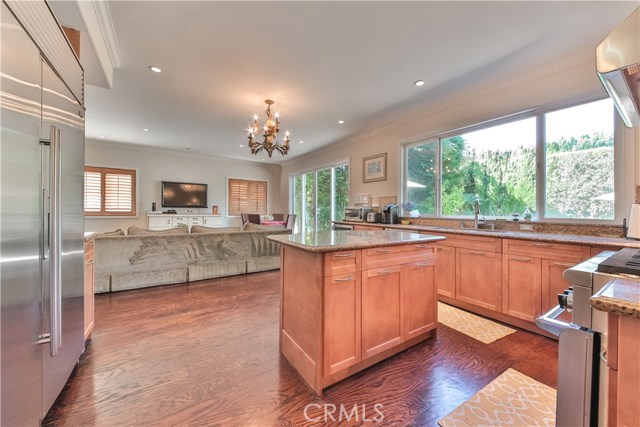 Gourmet kitchen  with stainless steel appliances. Opens up to backyard.