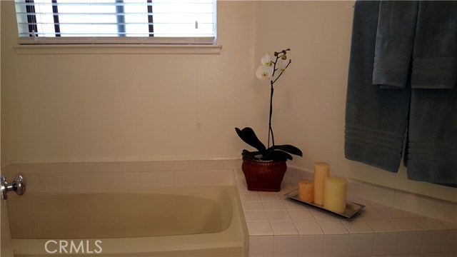 Master bath has separate tub and shower