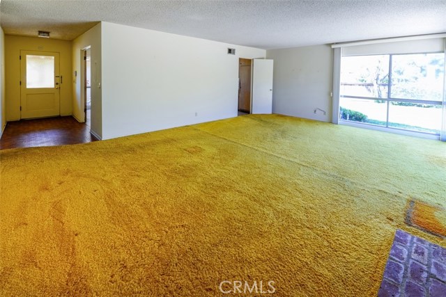 Large living room windows with views to yard.  Living room adjacent to kitchen -dining area.