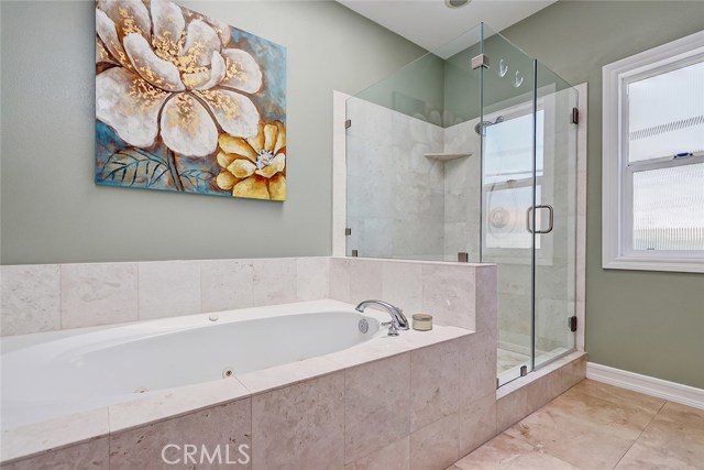 Luxurious spa tub and separate walk-in shower with glass enclosure.