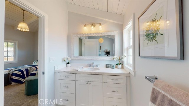 Built-in vanity and countertop ties into the designer's vision of the whole bathroom. So much space in this room with natural light in abundance